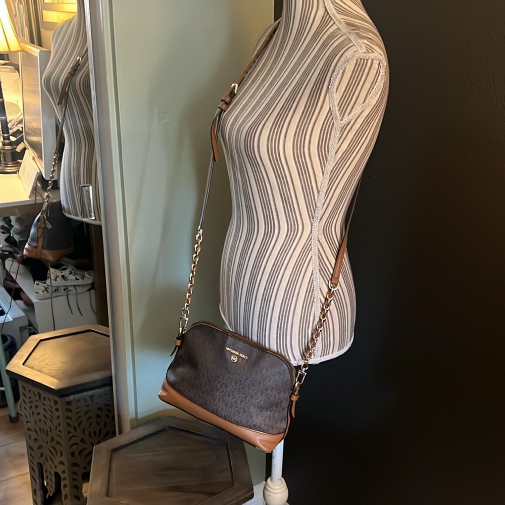 Michael Kors, Dark Brown and Tan Crossbody Bag, gold tone details